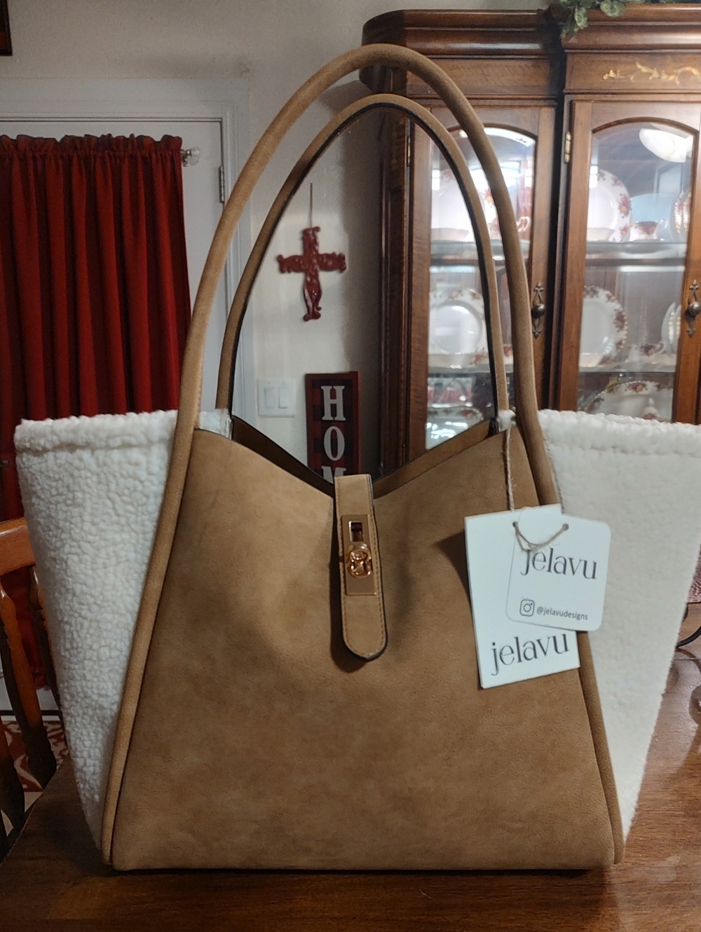 Tan Tote with Cream Shearling Panels